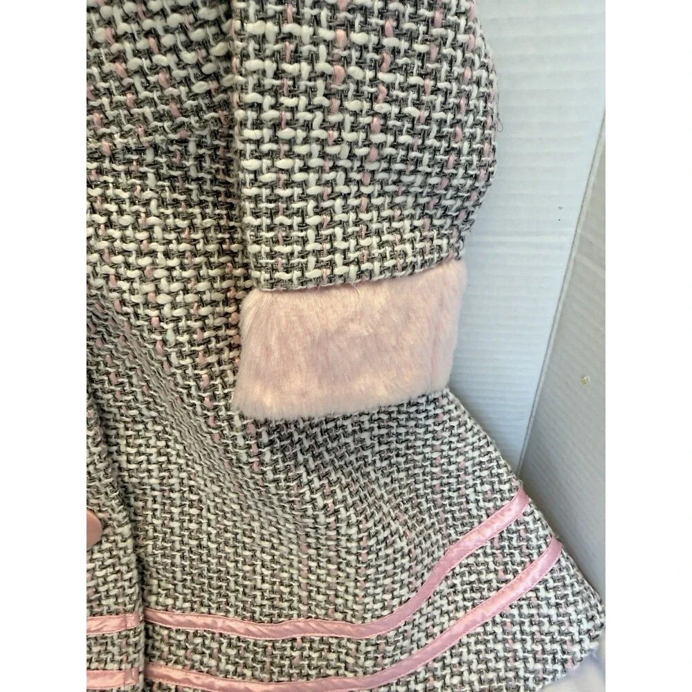 Blueberi Boulevard Cost & Dress Girls Pink /Gray Faux Fur Collar, Trim & Buttons